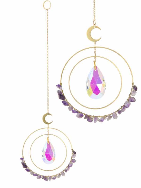 29cm Amethyst Chip Round Crystal Suncatcher with Crescent Moon