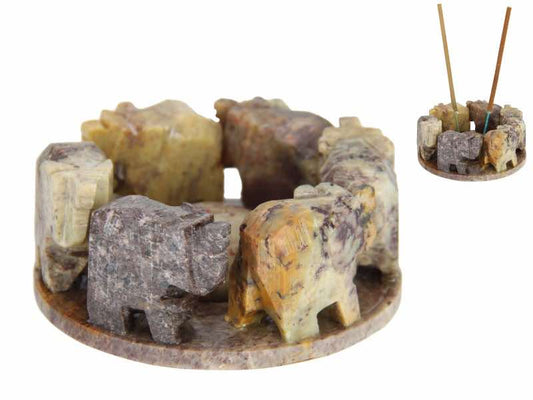 8cm Soapstone Elephant Circle Incense Holder (Hand Carved)