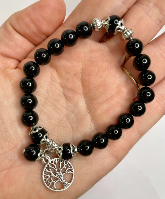 Obsidian + Silver Charm Bracelet