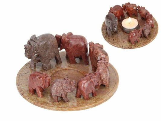 13cm 7 Lucky Elephants Soapstone Tealight holder (Hand Carved)