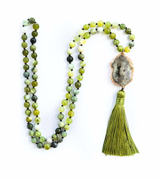 Green Tribal Agate Slice Tassel Necklace